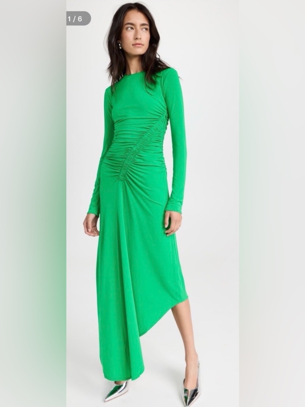 A.L.C. Emerald Green Long-Sleeve Ruched Midi Dress